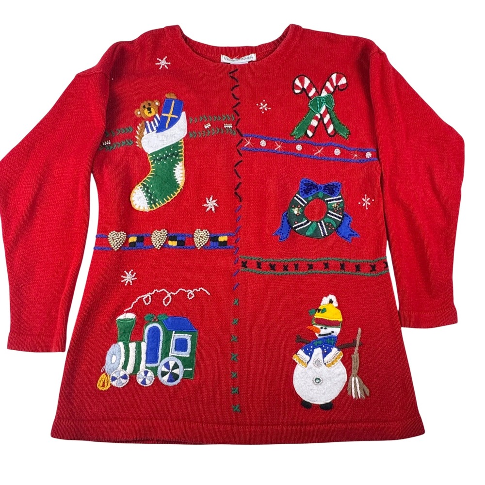 Victoria Jones Vintage Christmas Sweater L Red Embellished Ugly Holiday 90s